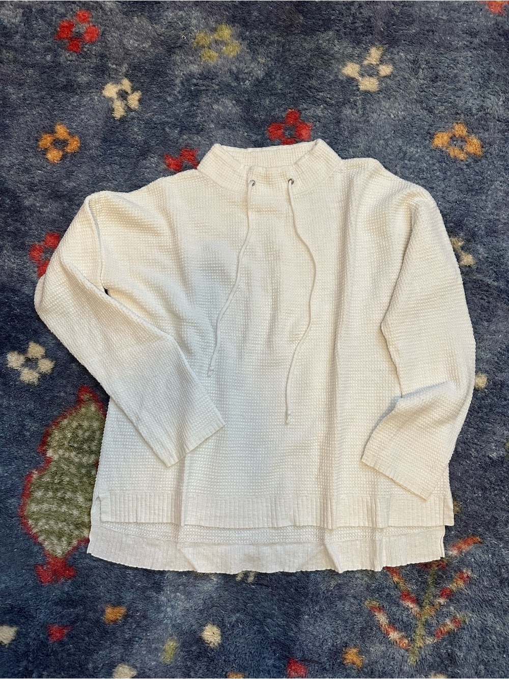 Eileen Fisher White Waffle-Knit Drawstring Funnel Neck Top